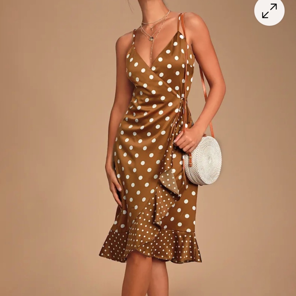 Lulus Brown polka dot, satin, wrap-dress